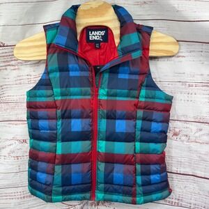 Lands End Down Puffer Vest Womens Large Plaid 600 Fill Casual Jacket NEW